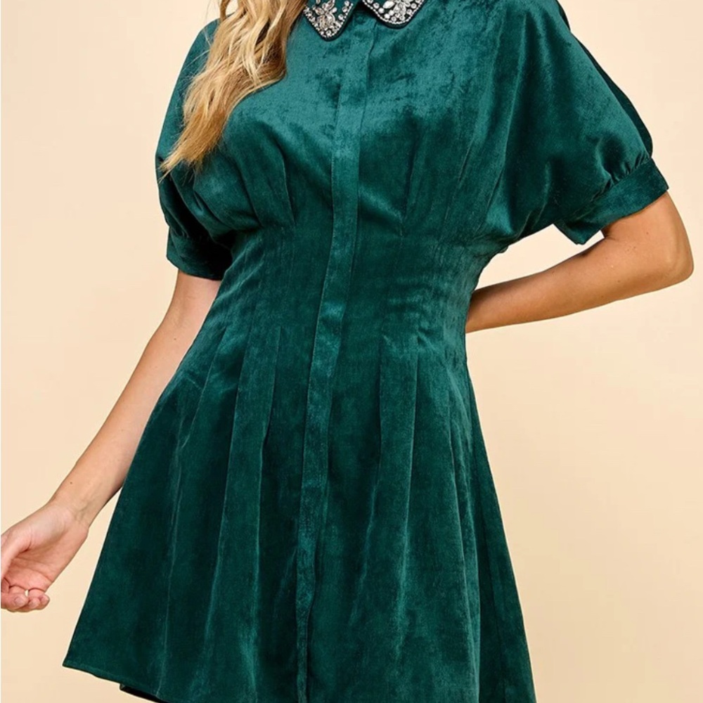 Green Corduroy Mini Dress Embellished Collar